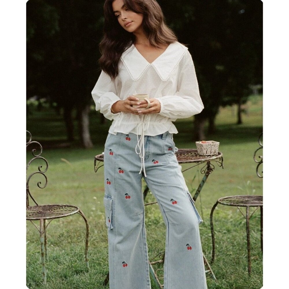 The Wholesome Store Cherries Cargo Jeans Pants Light Blue Denim 30